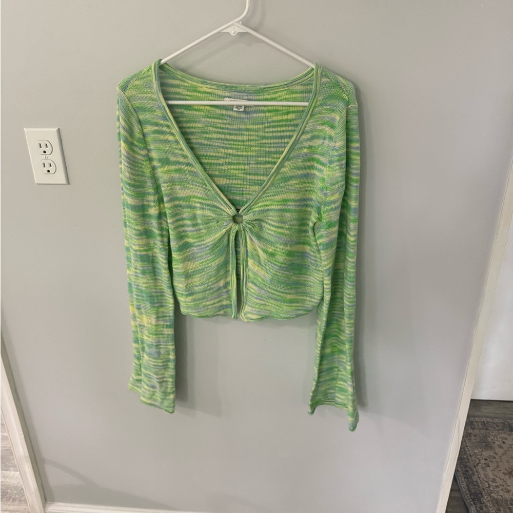 American Eagle Outfitters Green and White Tie Front Crop Blouse - Picture 2 of 4